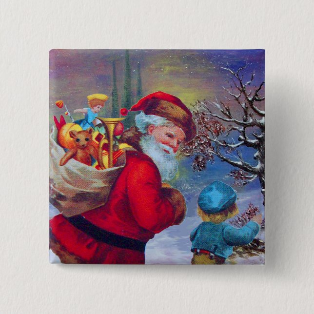 SANTA WITH TOYS AND CHILD IN THE WINTER SNOW  15 CM SQUARE BADGE (Front)