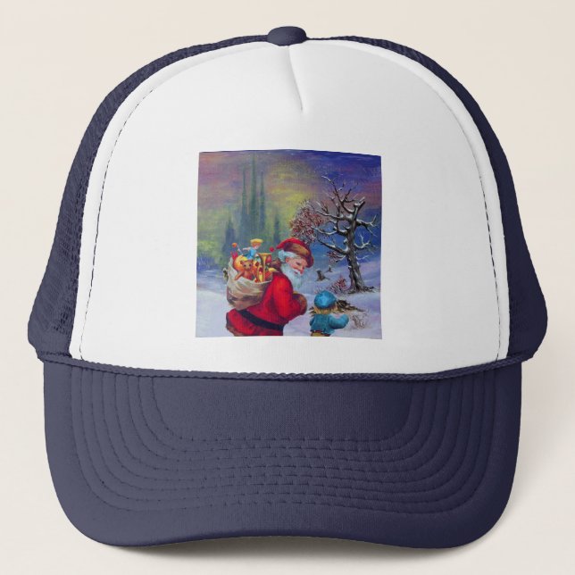 SANTA WITH TOYS AND CHILD IN THE WINTER SNOW  TRUCKER HAT (Front)