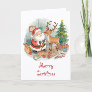 Santa with toys and reindeer & whimsical Christmas Card