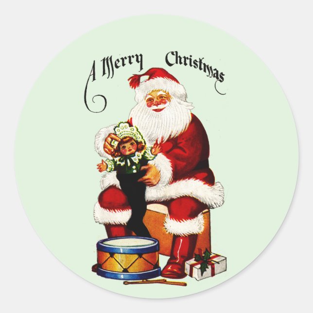 Santa With Toys Merry Christmas Classic Round Sticker (Front)