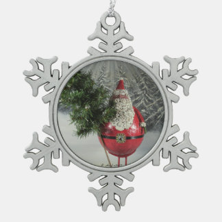 Santa With Tree Snowflake Pewter Christmas Ornament