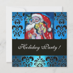 SANTA WITH VIOLIN ,BLUE BLACK DAMASK MONOGRAM Ruby Invitation