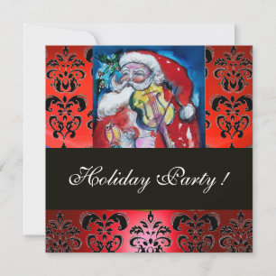 SANTA WITH VIOLIN ,RED BLACK DAMASK MONOGRAM Ruby Invitation
