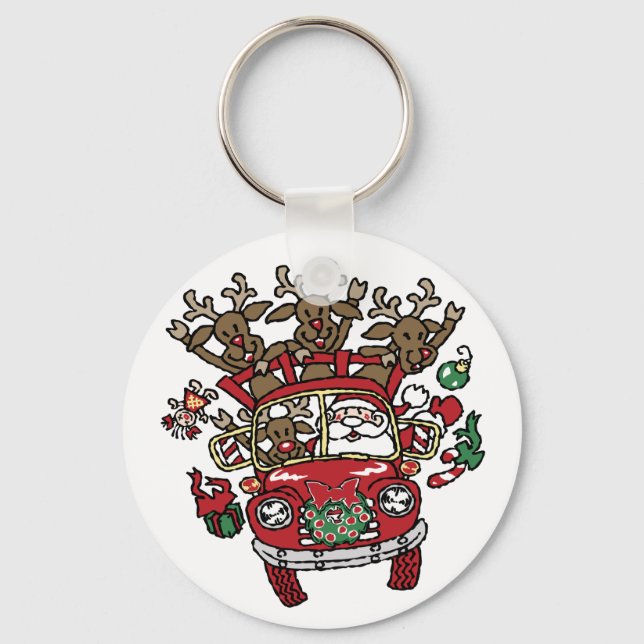 Santa Woody and His Reindeer Christmas Cartoon Key Ring (Front)