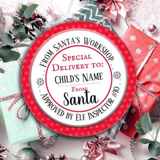 Santa Workshop Personalised Name Classic Round Sticker (Creator Uploaded)