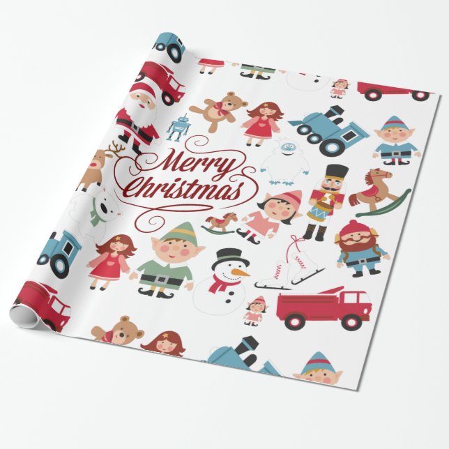 Santa Workshop Toys Elves Christmas Wrapping Paper (Unrolled)