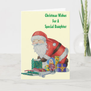 santa wrapping gifts and toys for Christmas Holiday Card