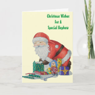 santa wrapping gifts and toys for Christmas Holiday Card