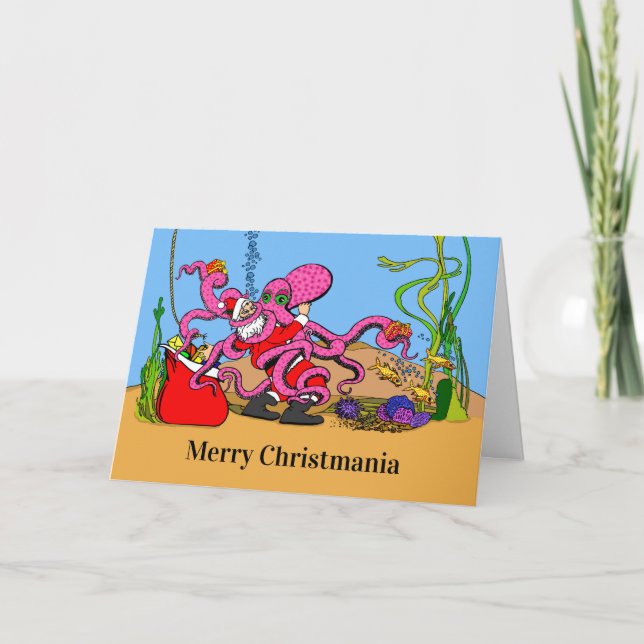 Santa Wrestling  an Octopus Merry Christmania Card (Front)