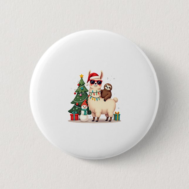 Santa Xmas Funny Llama Sloth Christmas (2) 6 Cm Round Badge (Front)