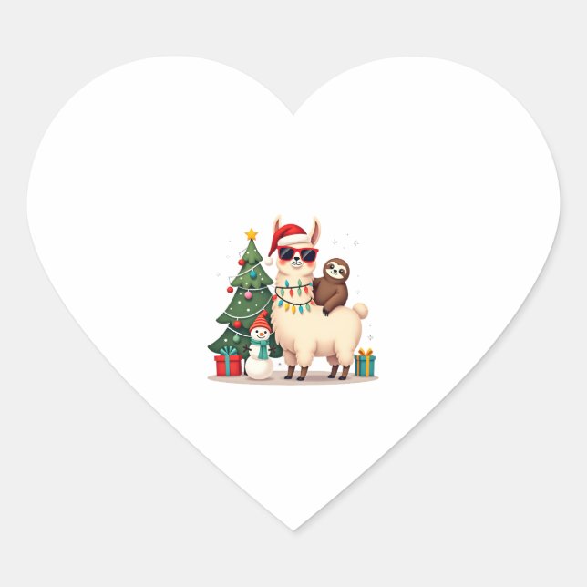 Santa Xmas Funny Llama Sloth Christmas (2) Heart Sticker (Front)