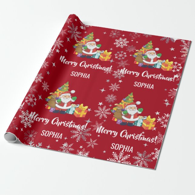 Santa Xmas Tree Gifts Snowflakes Personalise Name Wrapping Paper (Unrolled)