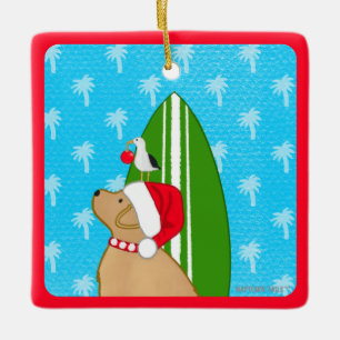 Santa Yellow Lab Surfboard Dog Christmas Ornament