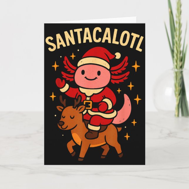 Santacalotl Santa Claus Cute Axolotl Snow Reindeer Card (Front)
