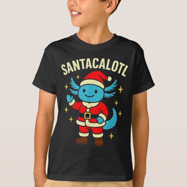 Santacalotl Santa Claus Cute Blue Axolotl New Year T-Shirt (Front)