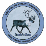 Santa's 1st Polar Airlift Sqdn - Subdued Photo Sculpture Magnet<br><div class="desc">Features the night operations, arctic/polar blue, subdued, camouflage version unit patch of the mythical 1st Polar Airlift Squadron to which are assigned Santa's eight reindeer: Dasher, Dancer, Prancer, Vixen, Comet, Cupid, Donner, and Blitzen. A reindeer (caribou) appears within a blue ring. Text reading, "1ST POLAR AIRLIFT SQUADRON" and the squadron...</div>