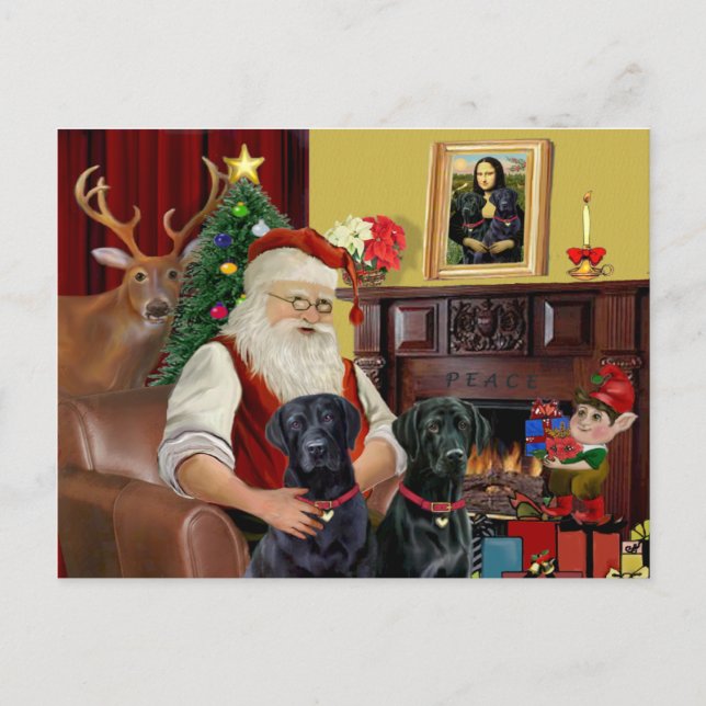 Santa's 2 Labradors (black) Holiday Postcard (Front)