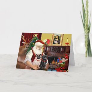 Santa's 2 Pugs (fawn + black) Holiday Card