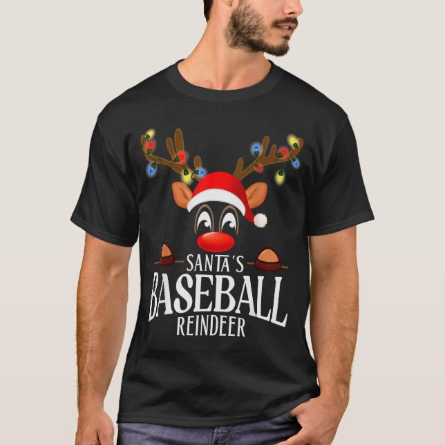 Santa's Baseball Reindeer Funny Xmas Matching Pjs  T-Shirt (Front)