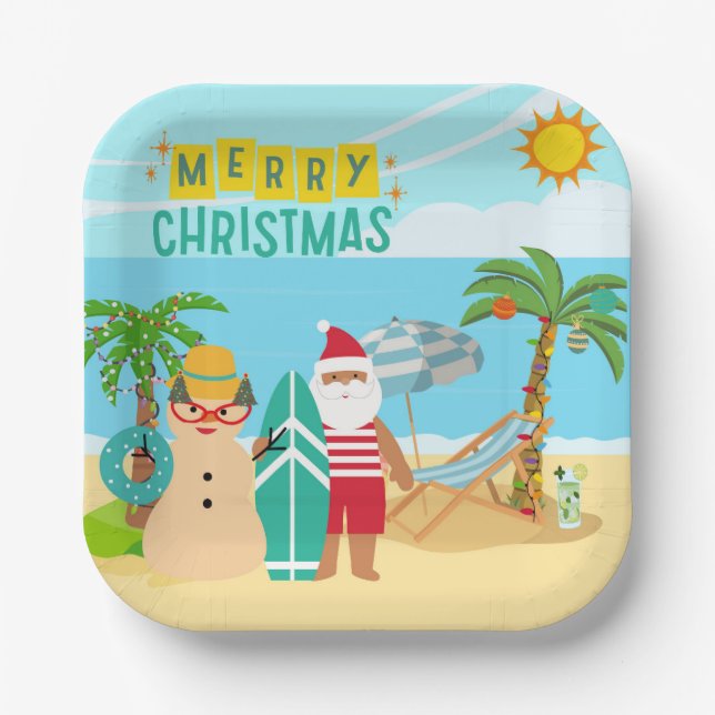 Santa's Beach Christmas Paper Plate (Front)