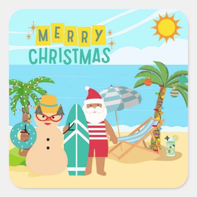Santa's Beach Christmas Square Sticker (Front)