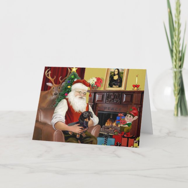 Santa's black / tan  Dachshund (#16) Holiday Card (Front)