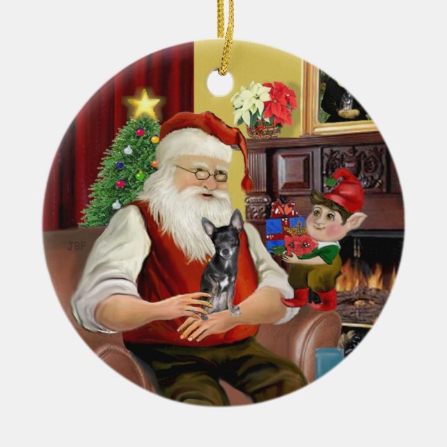 Santa's Blue and tan Chihuahua (T) Ceramic Tree Decoration (Front)
