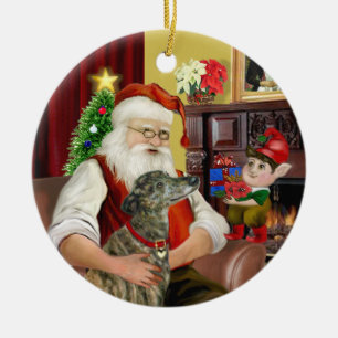 Santa's Brindle Greyhound Ceramic Tree Decoration