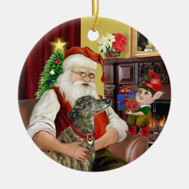 Santa's Brindle Greyhound Ceramic Tree Decoration (Front)