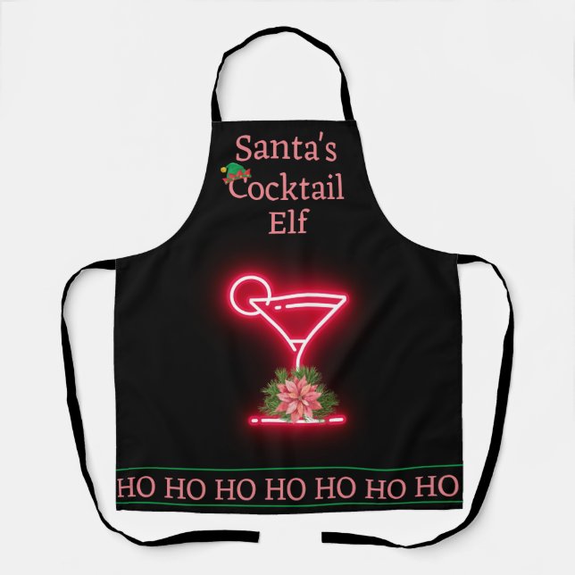 Santa's Christmas Cocktail Elf Black and Neon Apron (Front)