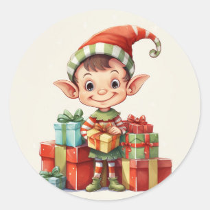 Santa's Christmas Elf with Gifts Classic Round Sticker