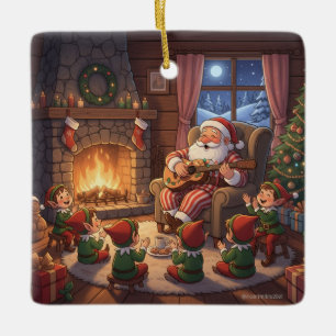 Santa's Christmas Eve Serenade: Cozy Fireplace Ceramic Ornament