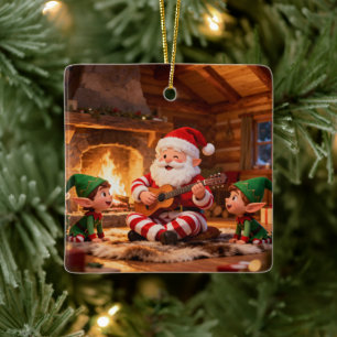 Santa's Christmas Eve Serenade: Cozy Fireplace Ceramic Ornament