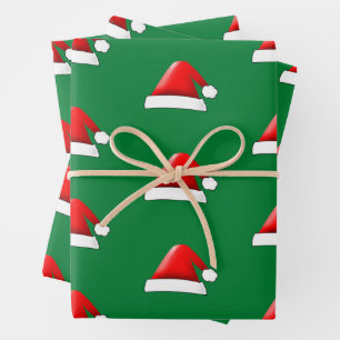 Santas Christmas Hat Pattern In Red And Green Wrapping Paper Sheet