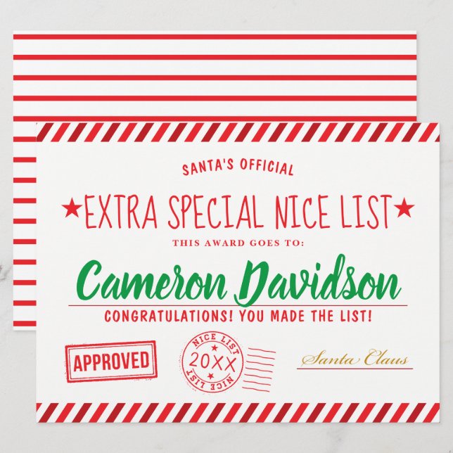 Santa's Christmas Nice List Award Invitation (Front/Back)