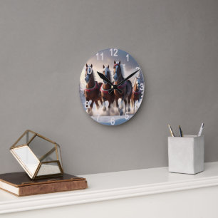 Santas Christmas Snow Horses, Round Clock