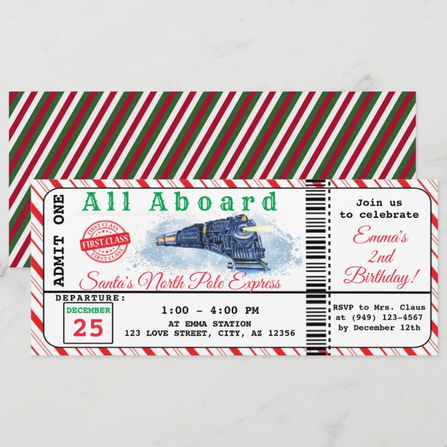 Santa's Christmas Train North Pole Ticket Birthday Invitation (Front/Back)
