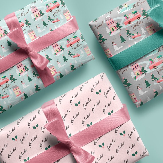 Santa's Comin' To Town Pink Retro Van Wrapping Wrapping Paper Sheet (Santa's Comin' To Town Pink Retro Van Wrapping Wrapping Paper Sheets)