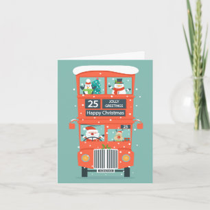 Santa's Coming in a Double Decker Bus Christmas Holiday Card