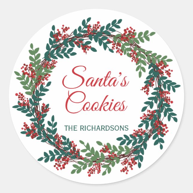 Santa's Cookies Christmas Wreath Classic Round Sticker (Front)