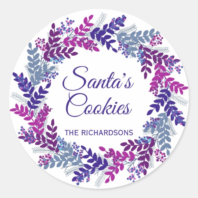 Santa's Cookies Purple Christmas Wreath Classic Round Sticker (Front)