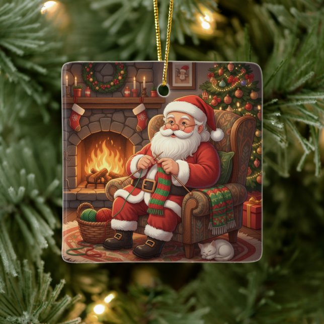 "Santa's Cozy Knitting Nook" Personalized Ceramic Ornament (Tree)