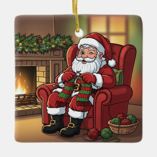 "Santa's Cozy Knitting Nook" Personalized Ceramic Ornament (Front)