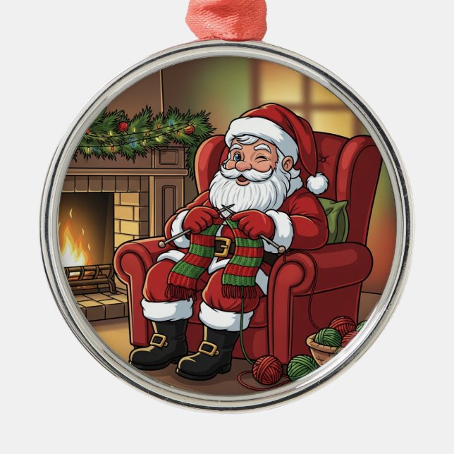 "Santa's Cozy Knitting Nook" Personalized Metal Tree Decoration (Front)