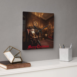 Santa's Cozy Nook Square Wall Clock