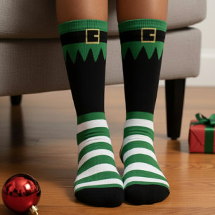 Santa's Elf Christmas Green Striped Black Socks