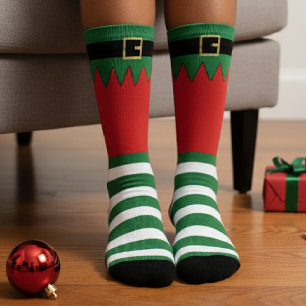 Santa's Elf Christmas Green Striped Red Socks