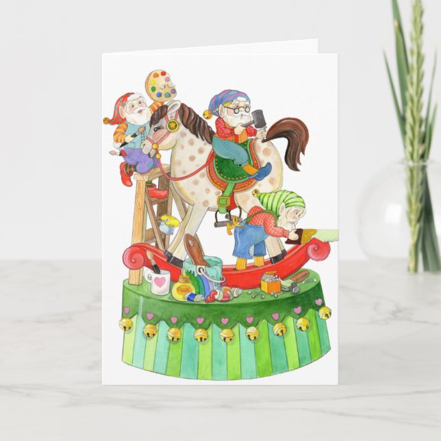 Santa's Elves Building Rocking Horse Card (Front)