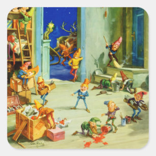 Santa's Elves Busy at His North Pole Workshop Square Sticker