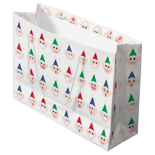 Santa's Elves Elf Faces Christmas Holiday Festive Large Gift Bag (Front Angled)